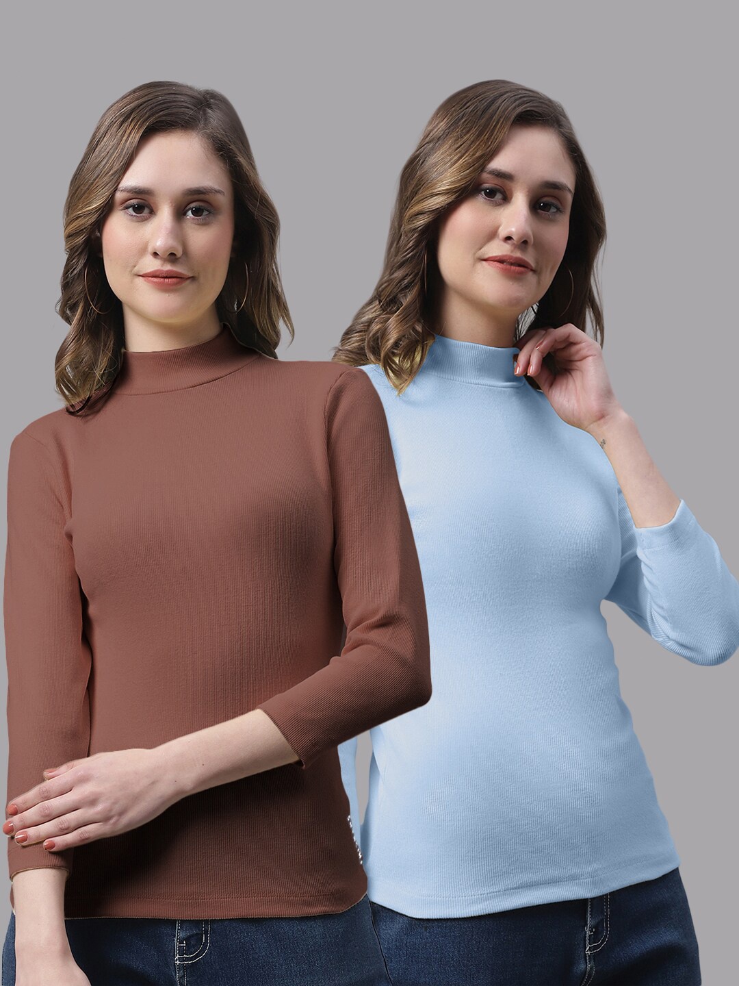 

FBAR Pack Of 2 Ribbed High Neck Bio-Wash Cotton Top, Brown