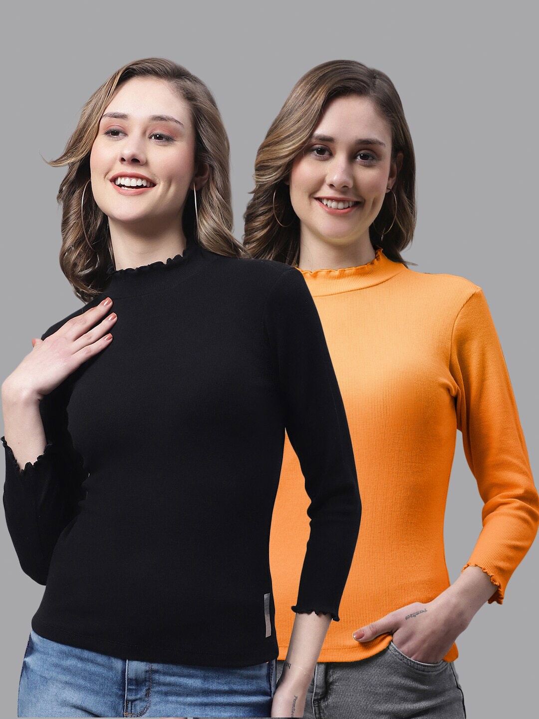 

FBAR Pack Of 2 High Neck Bio-Wash Cotton Tops, Black