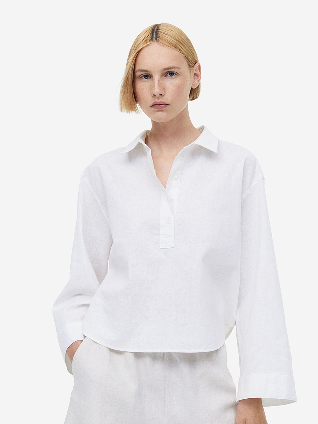 

H&M Women Linen-Blend Pop-Over Shirt, White