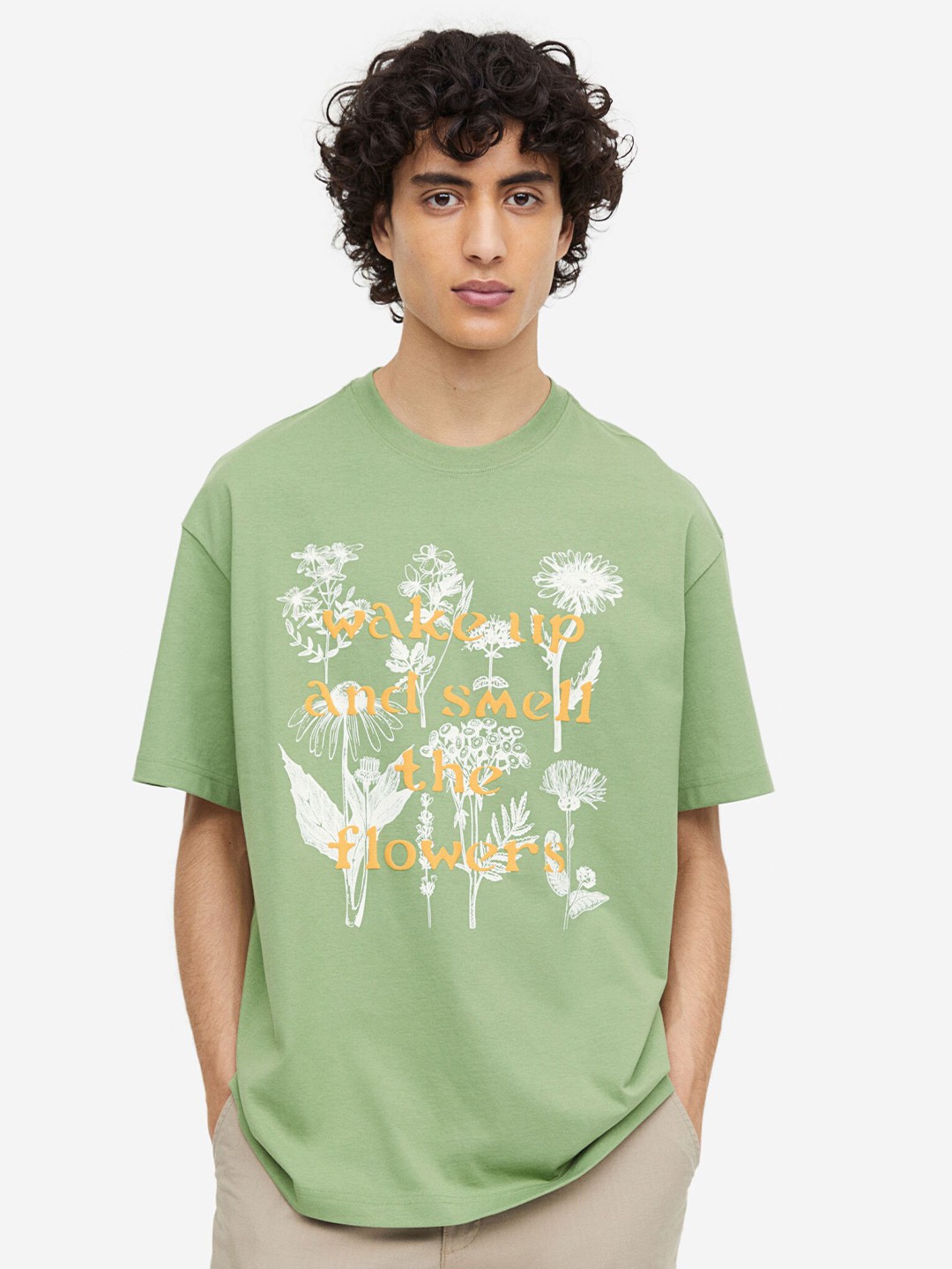

H&M Relaxed Fit Printed Pure Cotton T-shirt, Green