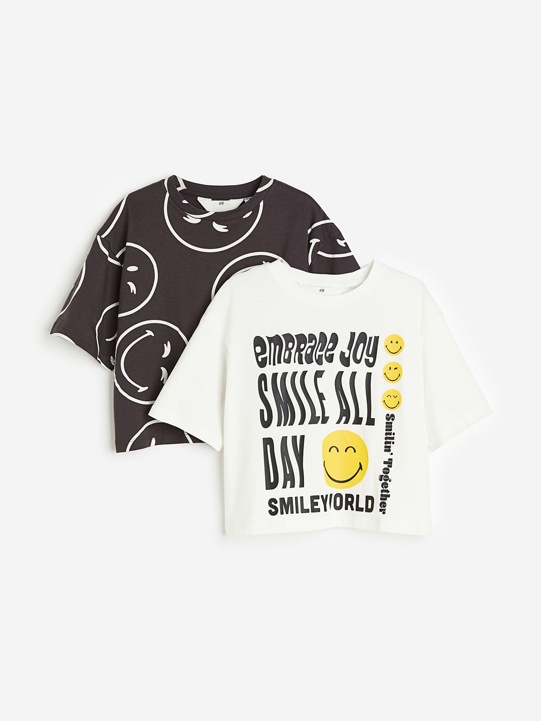 

H&M Girls 2-Pack Printed Pure Cotton T-Shirts, Black