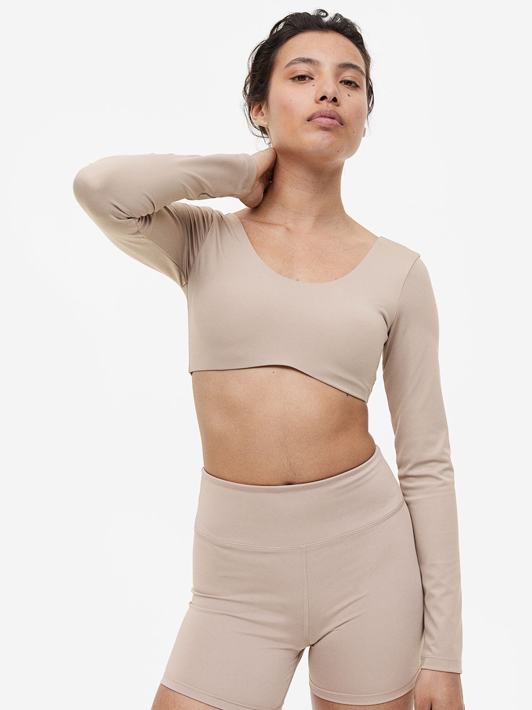 

H&M DryMove Long-Sleeved Sports Crop Top, Beige