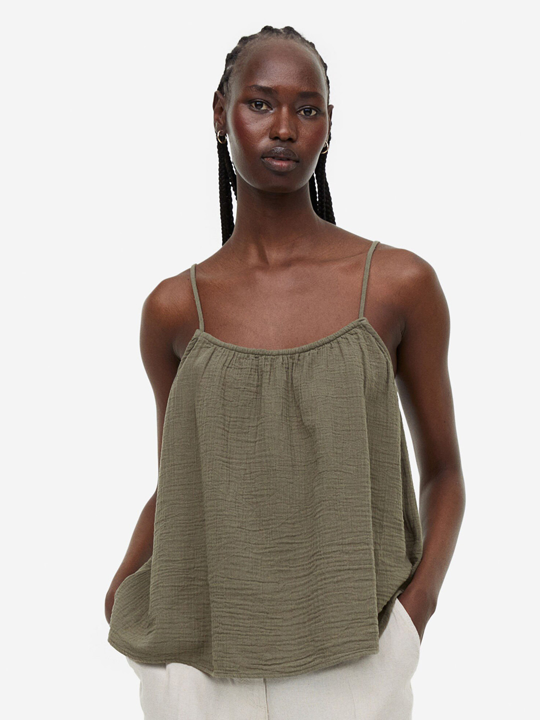 

H&M Pure Cotton Strappy Top, Olive
