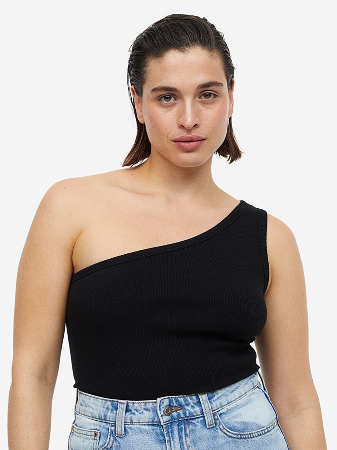 

H&M Ribbed One-Shoulder Top, Black
