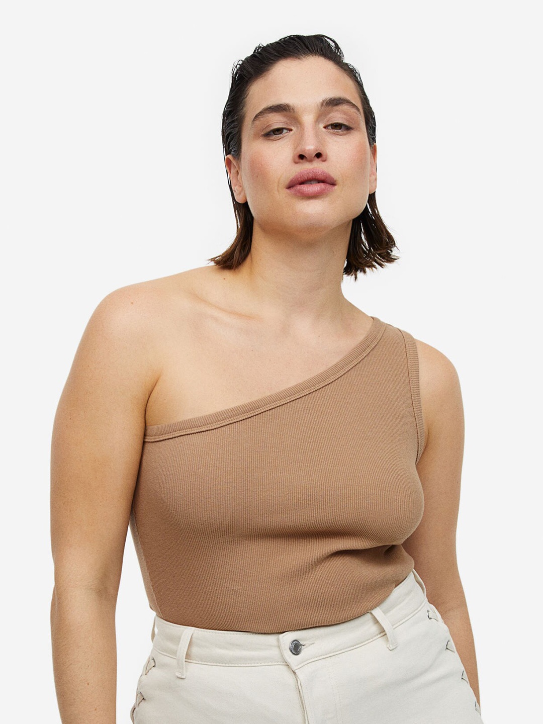 

H&M Ribbed One-Shoulder Top, Beige