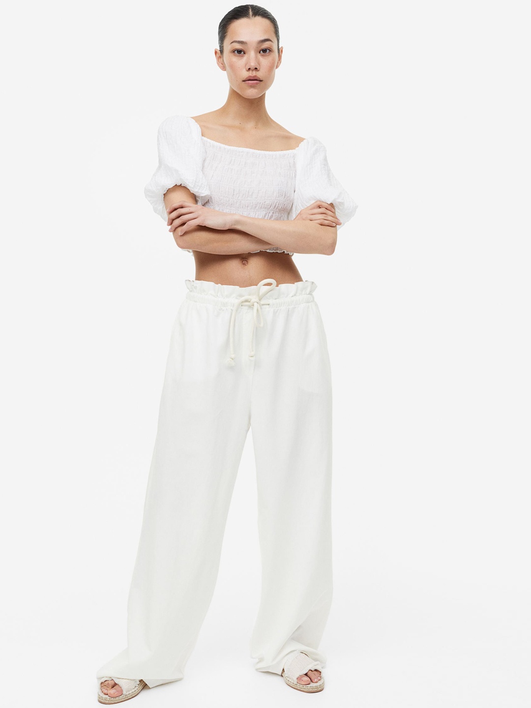 

H&M Women Wide Linen-Blend Trousers, White