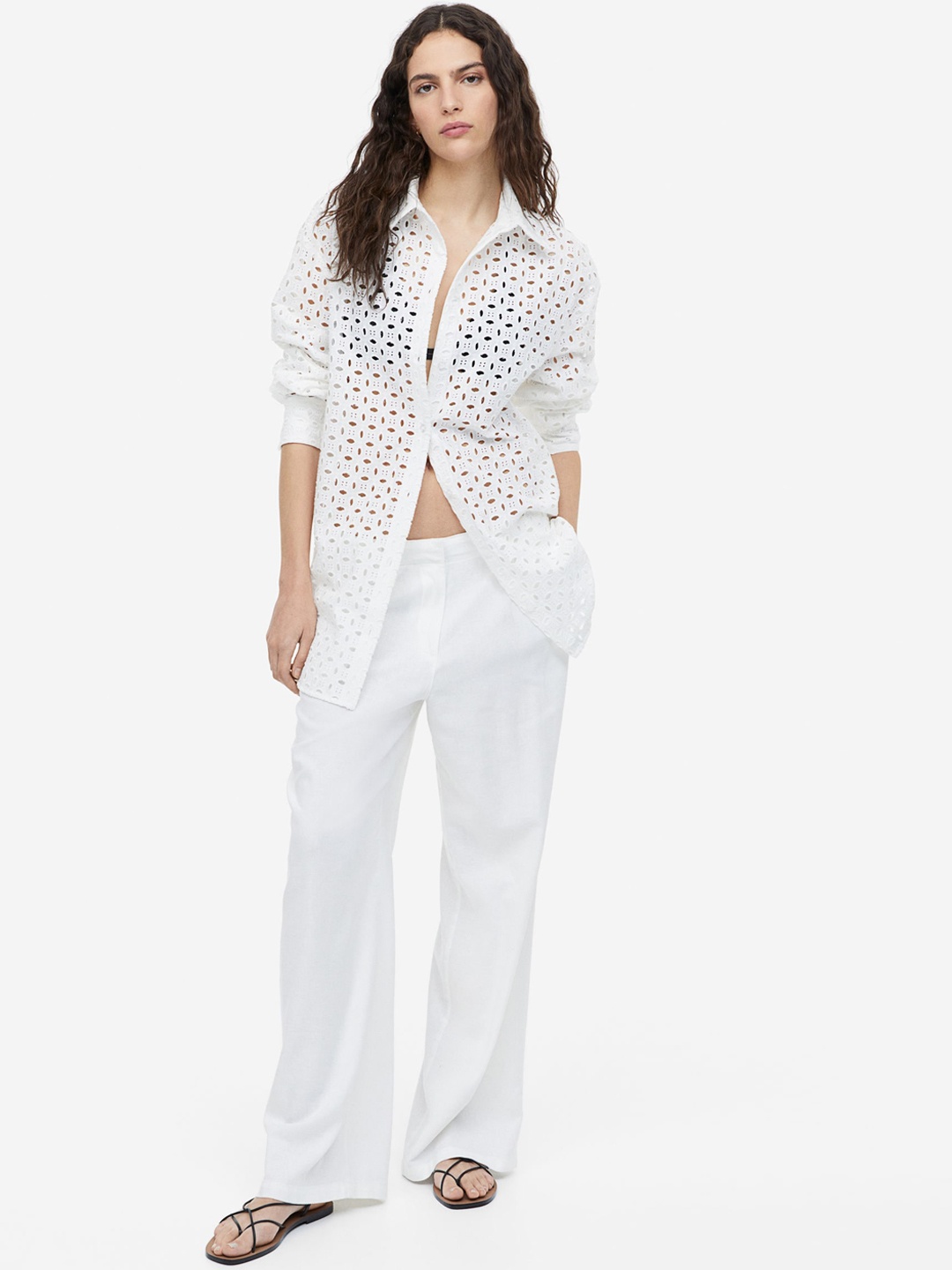 

H&M Women Linen-Blend Trousers, White