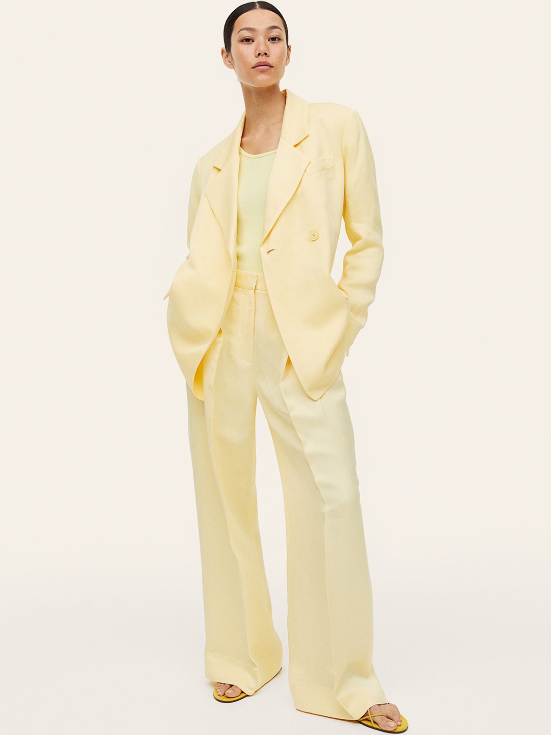 

H&M Women Linen-Blend Tailored Trousers, Yellow