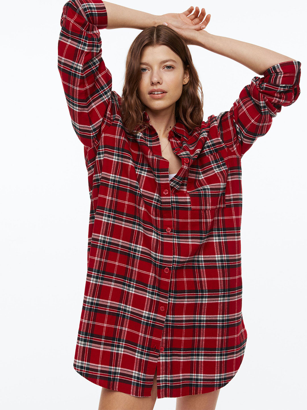 

H&M Women Pure Cotton Flannel Nightdress, Red