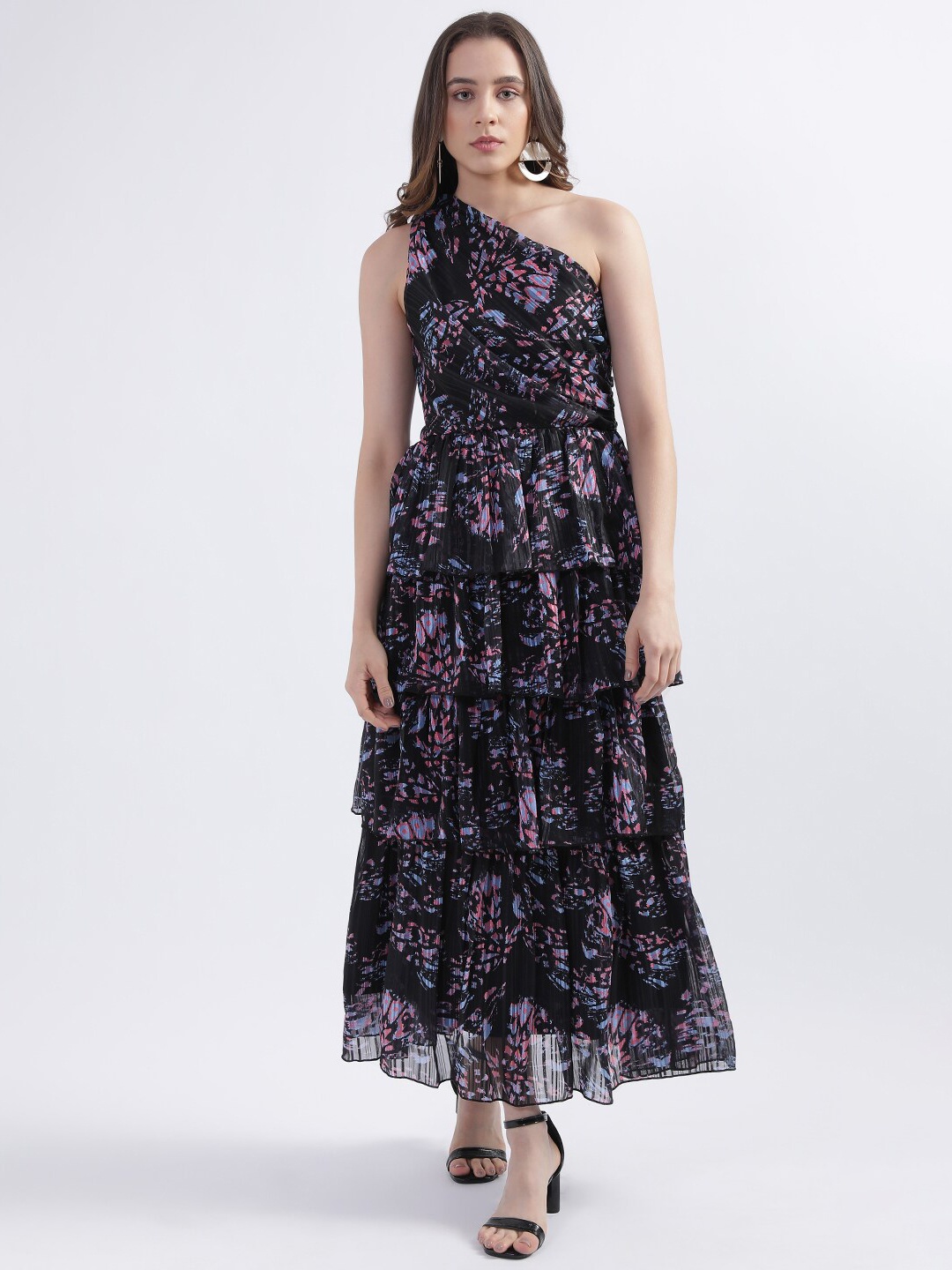 

CENTRESTAGE Abstract Printed One Shoulder Layered Maxi Dress, Black