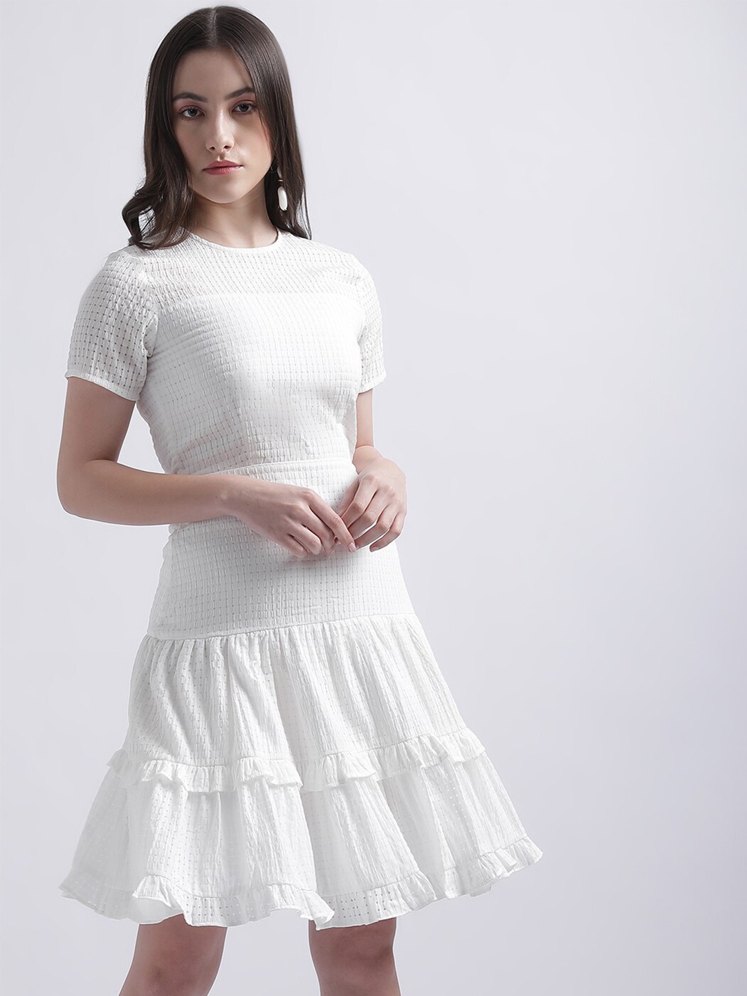 

CENTRESTAGE Self Design Tiered Fit & Flare Dress, White