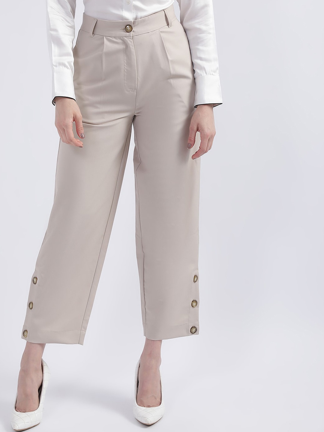 

CENTRESTAGE Women Straight Fit High-Rise Parallel Trousers, Beige