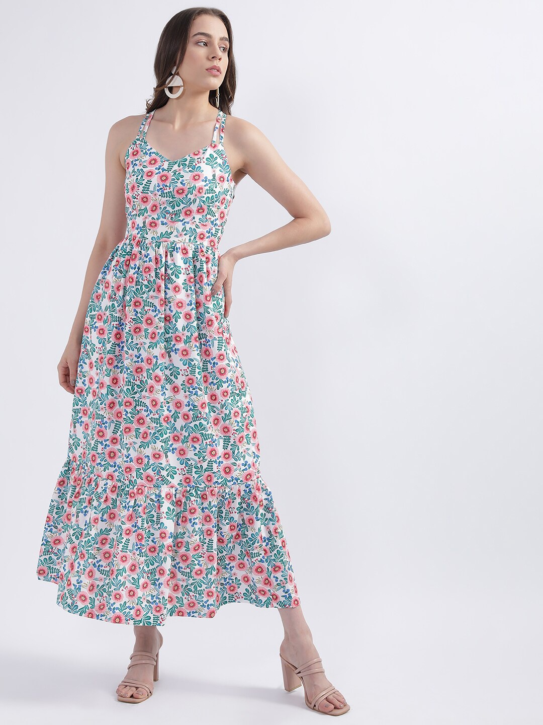 

CENTRESTAGE Floral Printed Sleeveess Maxi Dress, White