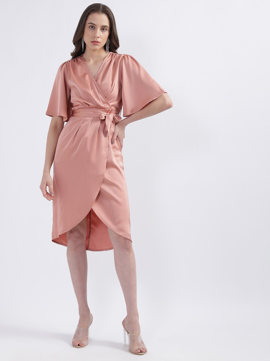 

CENTRESTAGE Flared Sleeve Tie-Up Fit & Flare Dress, Peach