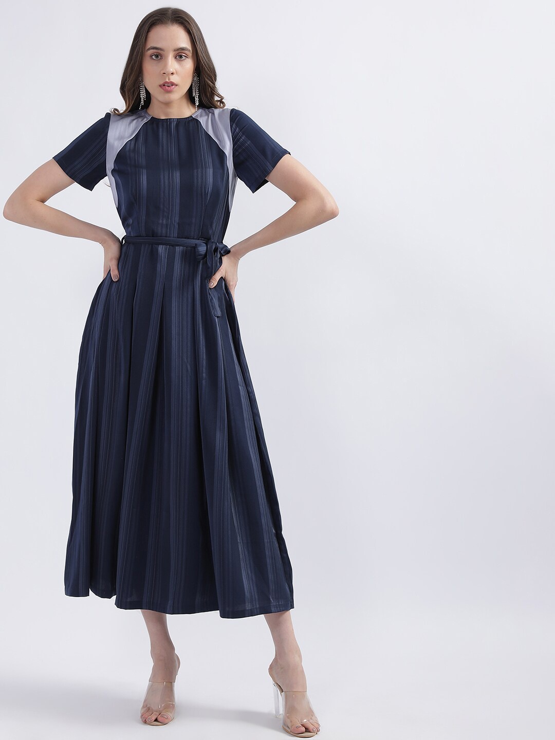 

CENTRESTAGE Striped Fit & Flare Midi Dress, Navy blue