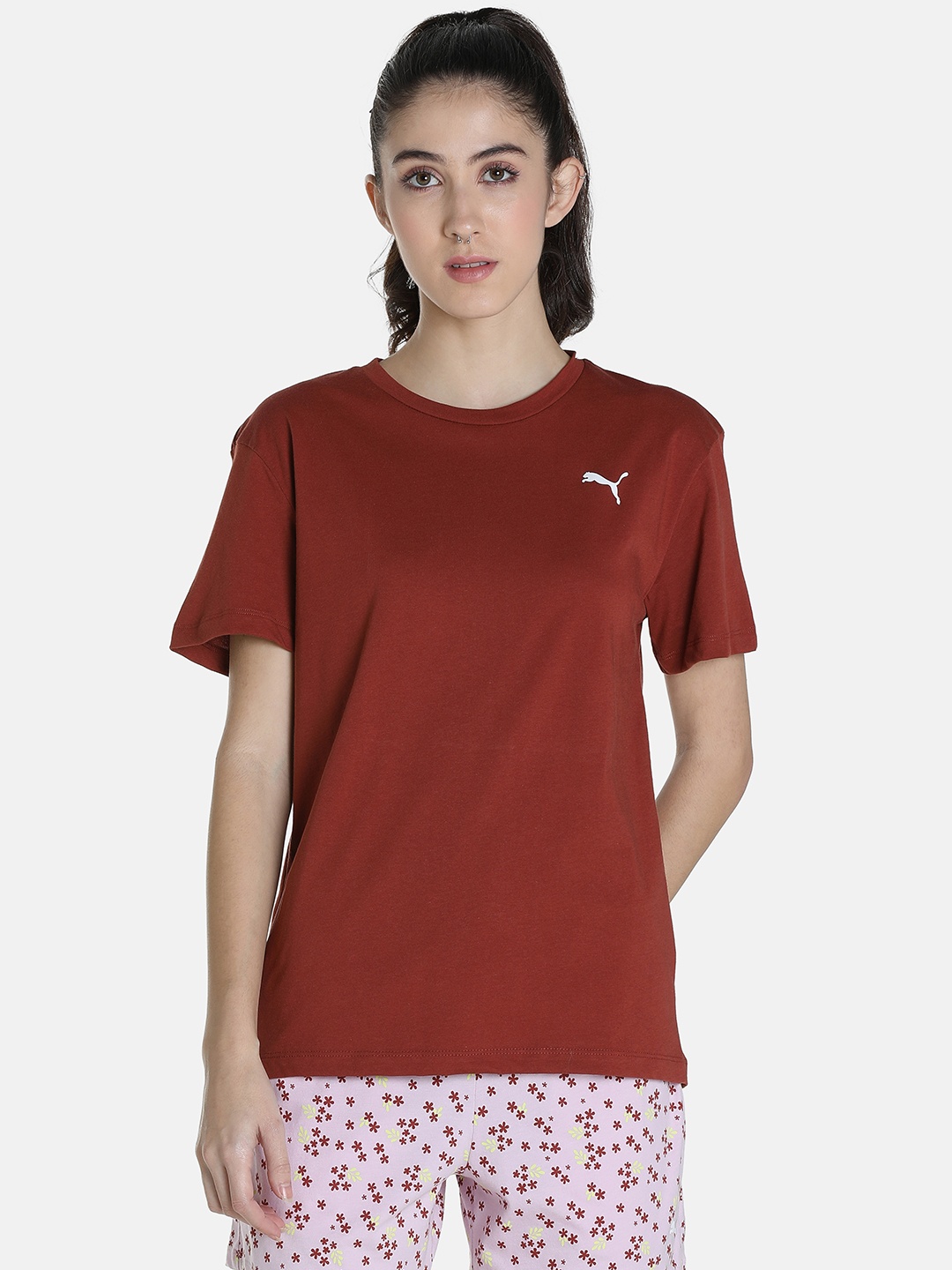 

Puma Round Neck Pure Cotton T-shirt & Printed Shorts, Maroon