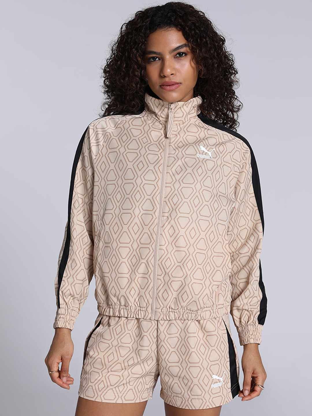 

Puma Women T7 Woven Logo Printed Sustainable Jacket, Beige