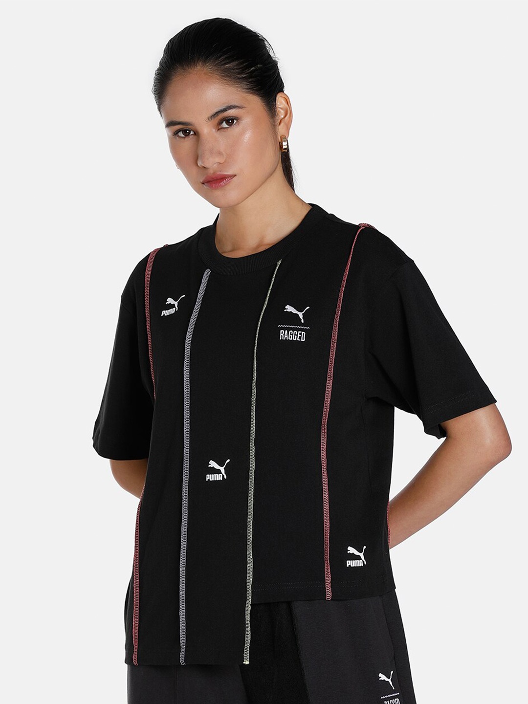 

Puma X TRP Women Striped Relaxed Fit Cotton Sustainable T-shirt, Black
