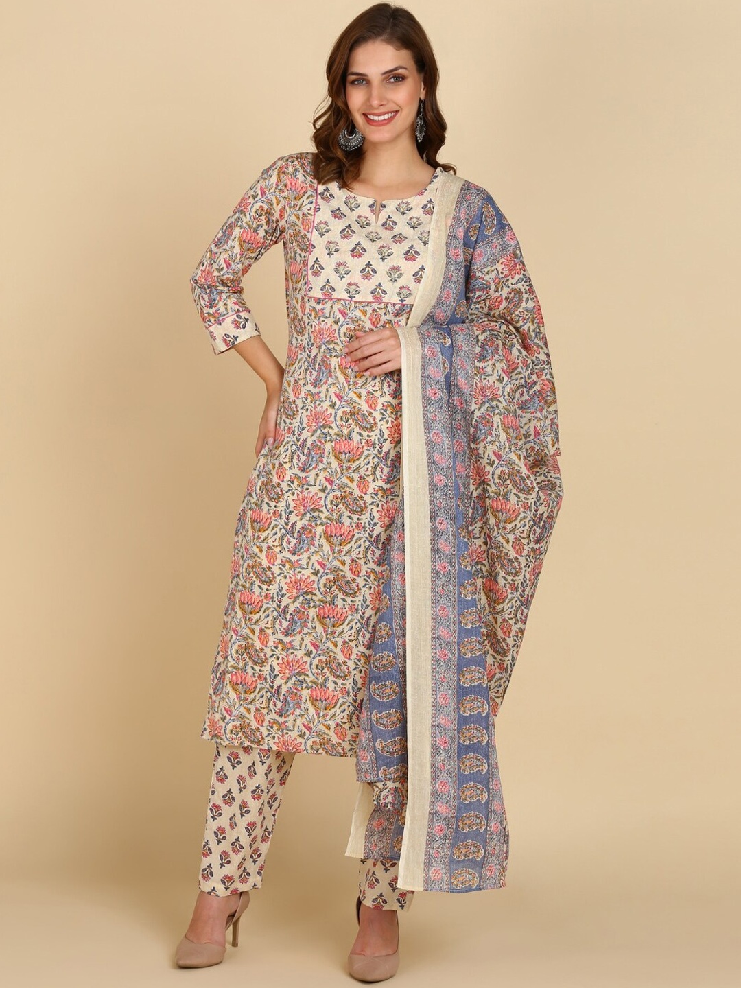 

VEDANA Floral Printed Pure Cotton Kurta With Trousers & Dupatta, Cream