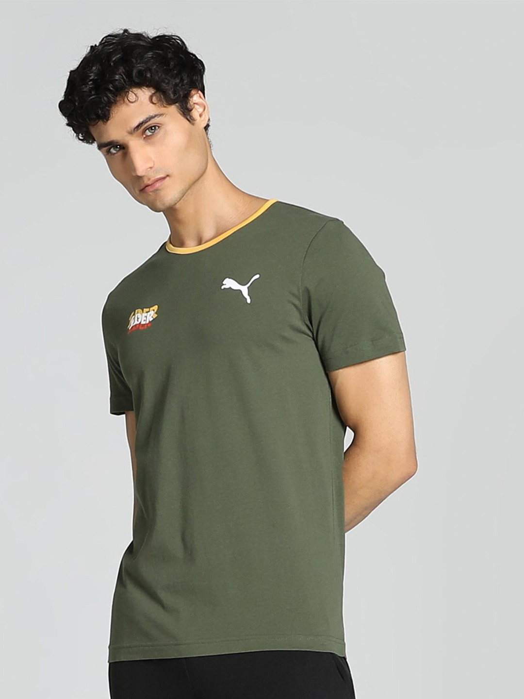 

Puma X1DER Men Slim Fit Graphic Printed Cotton T-Shirt, Olive