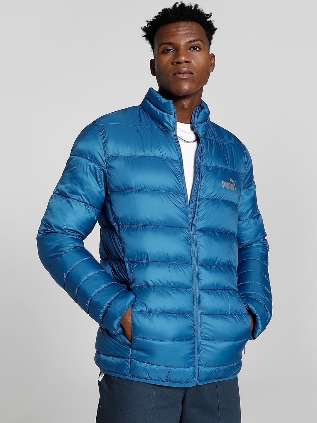 

Puma Logo Printed Mock Collar Padded Jacket, Blue
