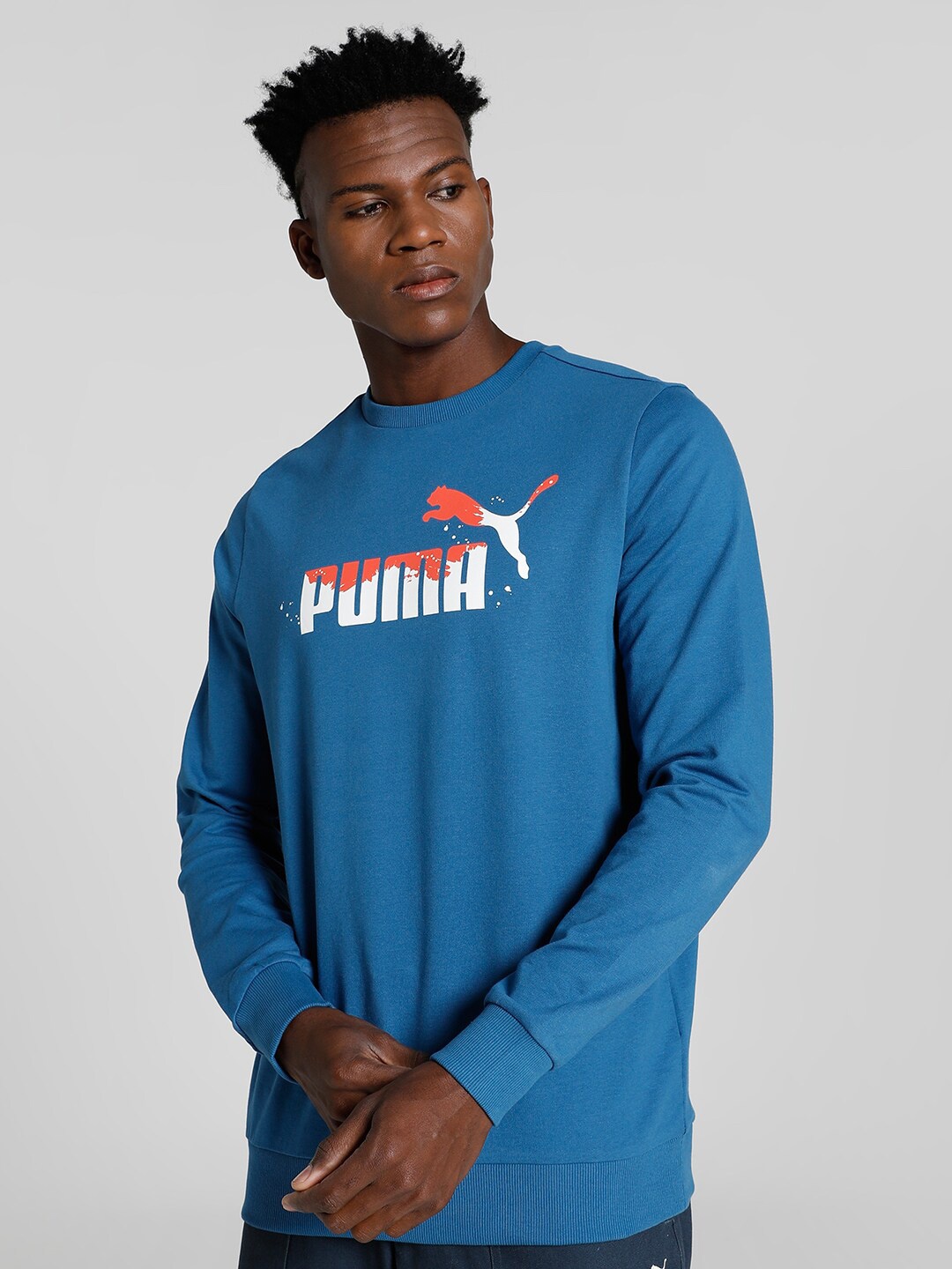 

Puma Men Stylized Graphic Cotton Crew Sweatshirt, Blue