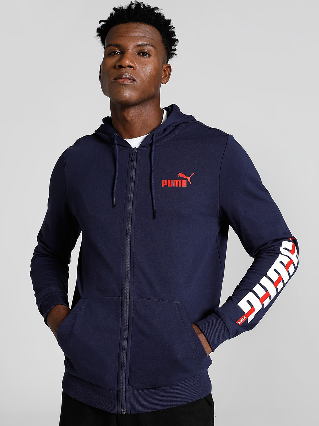 

Puma Men Stylized Graphic Cotton Hooded Front-Open Slim Fit Sweatshirt, Navy blue