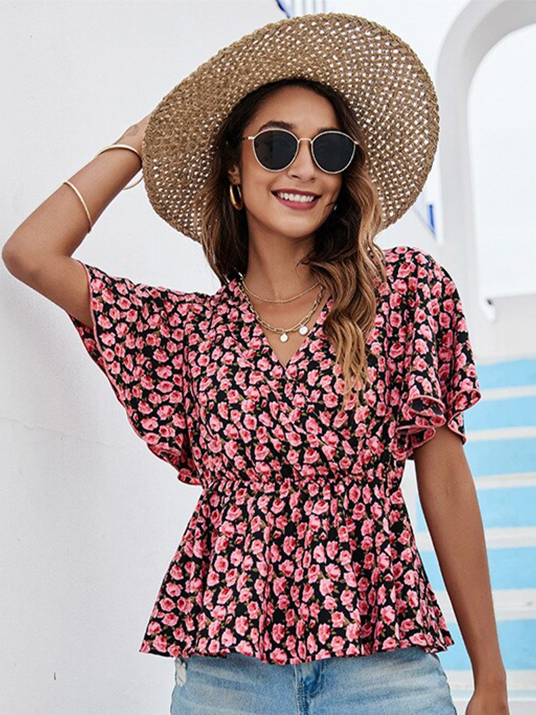 

BoStreet Floral Printed Flutter Sleeves V-Neck Top, Pink