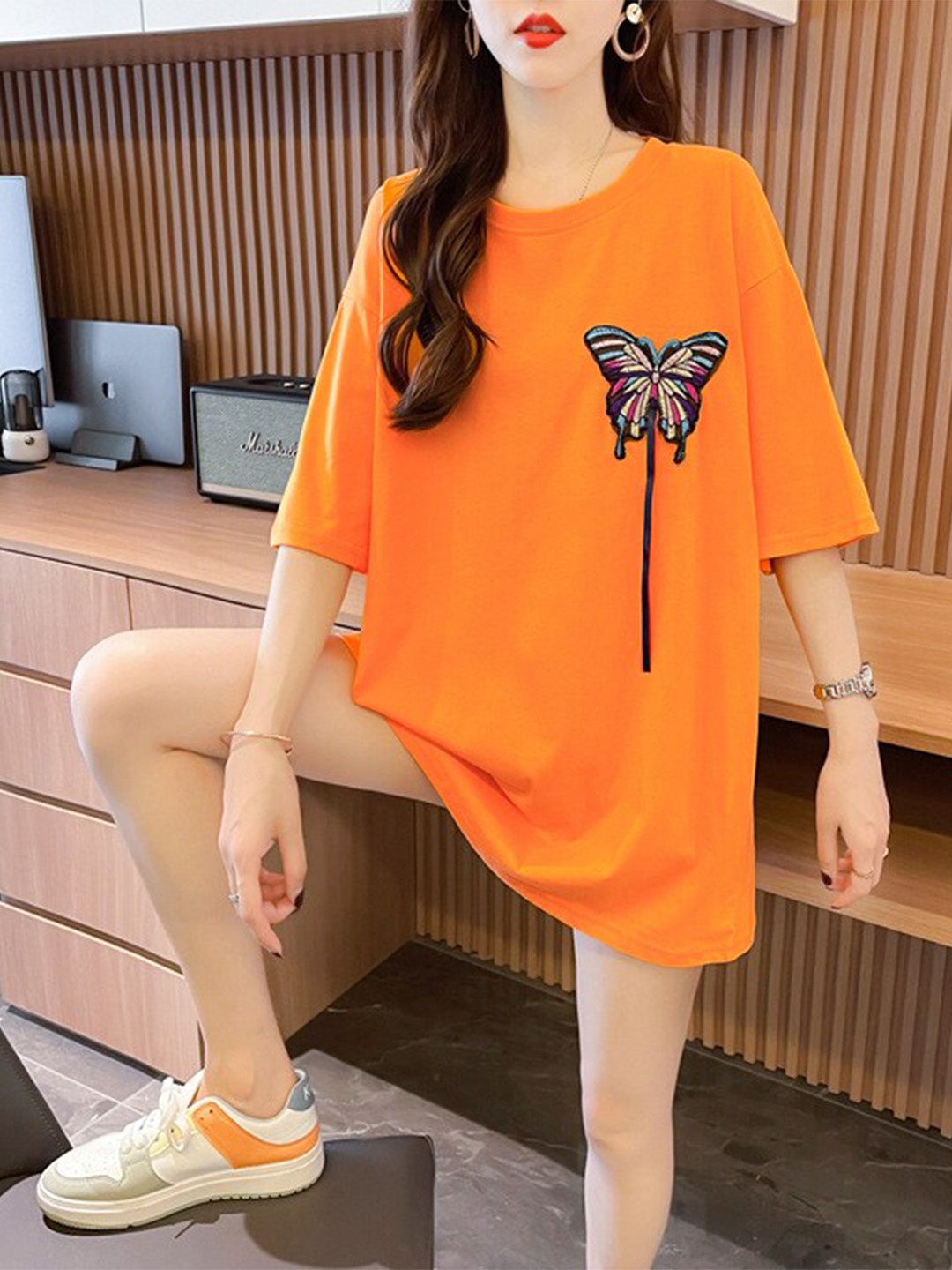 

BoStreet Orange-Coloured & Black Printed Drop-Shoulder Sleeves T-shirt