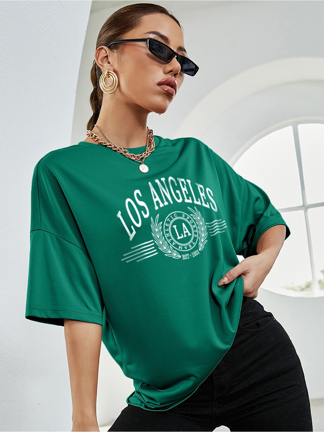

BoStreet Green Typography Printed Oversized Fit T-shirt