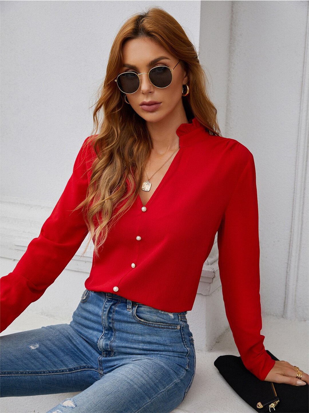 

BoStreet Blue V-Neck Long Sleeves Shirt Style Top, Red