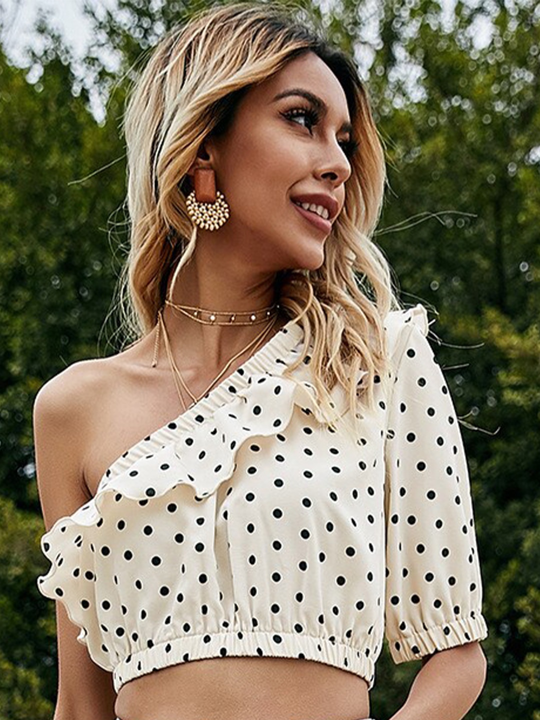 

BoStreet Beige & Black Polka Dots Printed One Shoulder Top