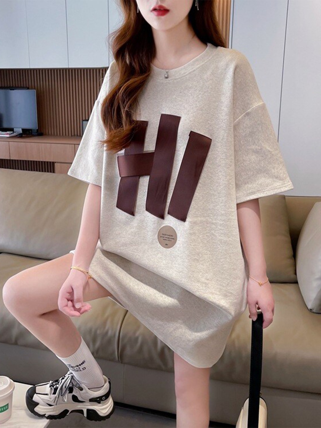 

BoStreet Beige Typography Printed Cotton Oversized Fit T-shirt