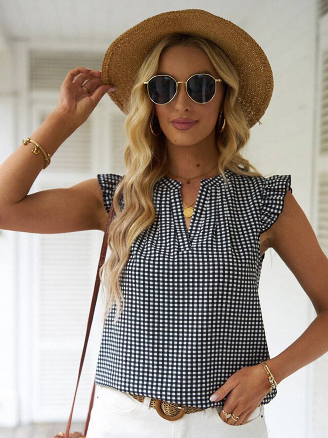 

BoStreet Black V-Neck Checked Top