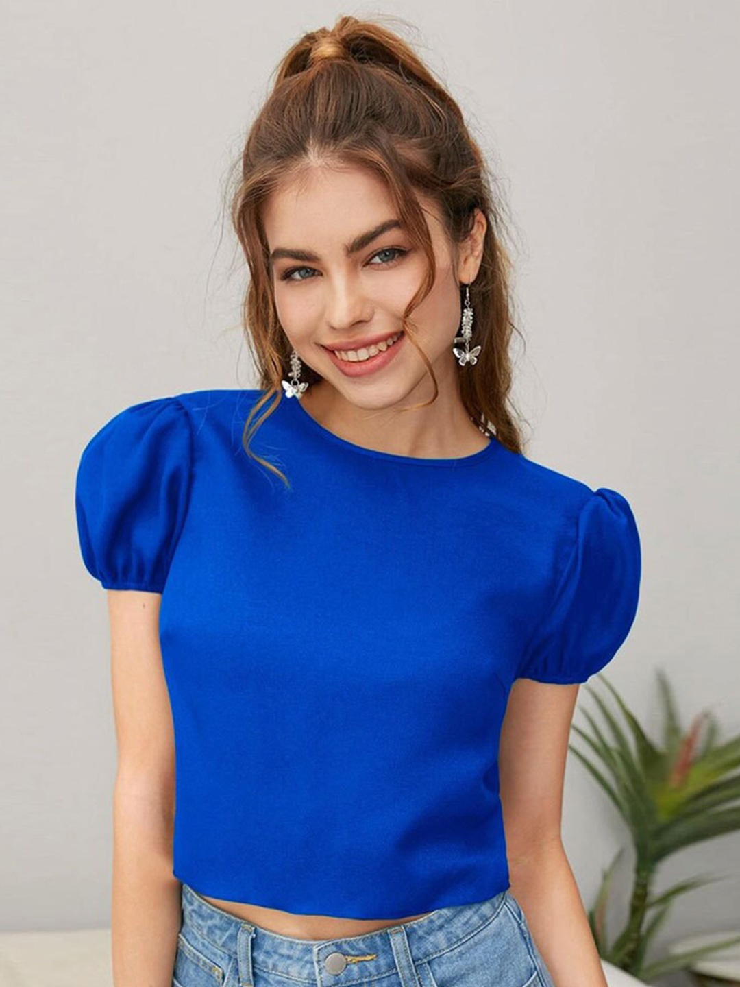 

BoStreet Blue Round Neck Puff Sleeve Crop Top