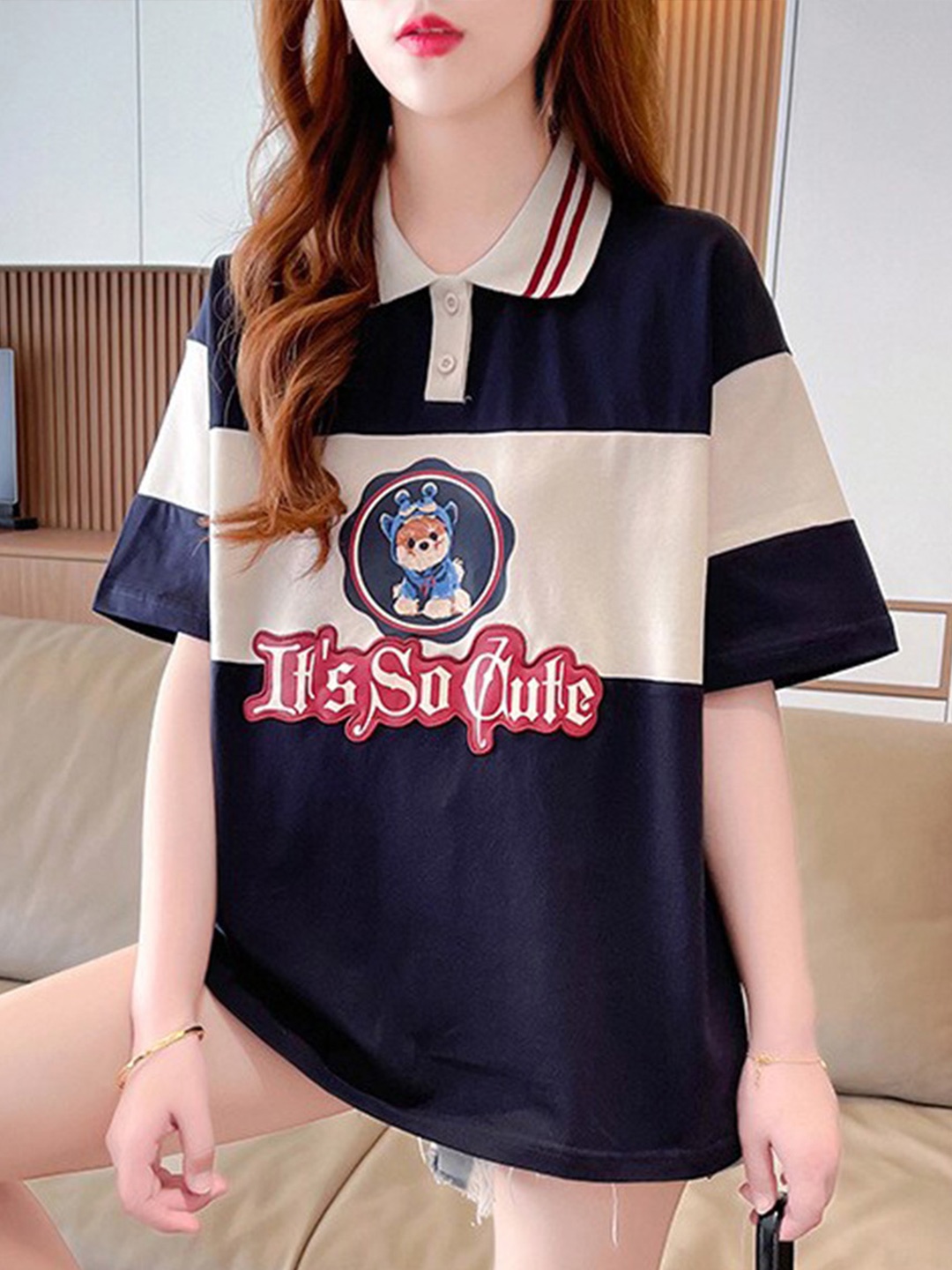 

BoStreet Navy Blue And Beige Colourblocked Relaxed Fit Pure Cotton T-Shirt