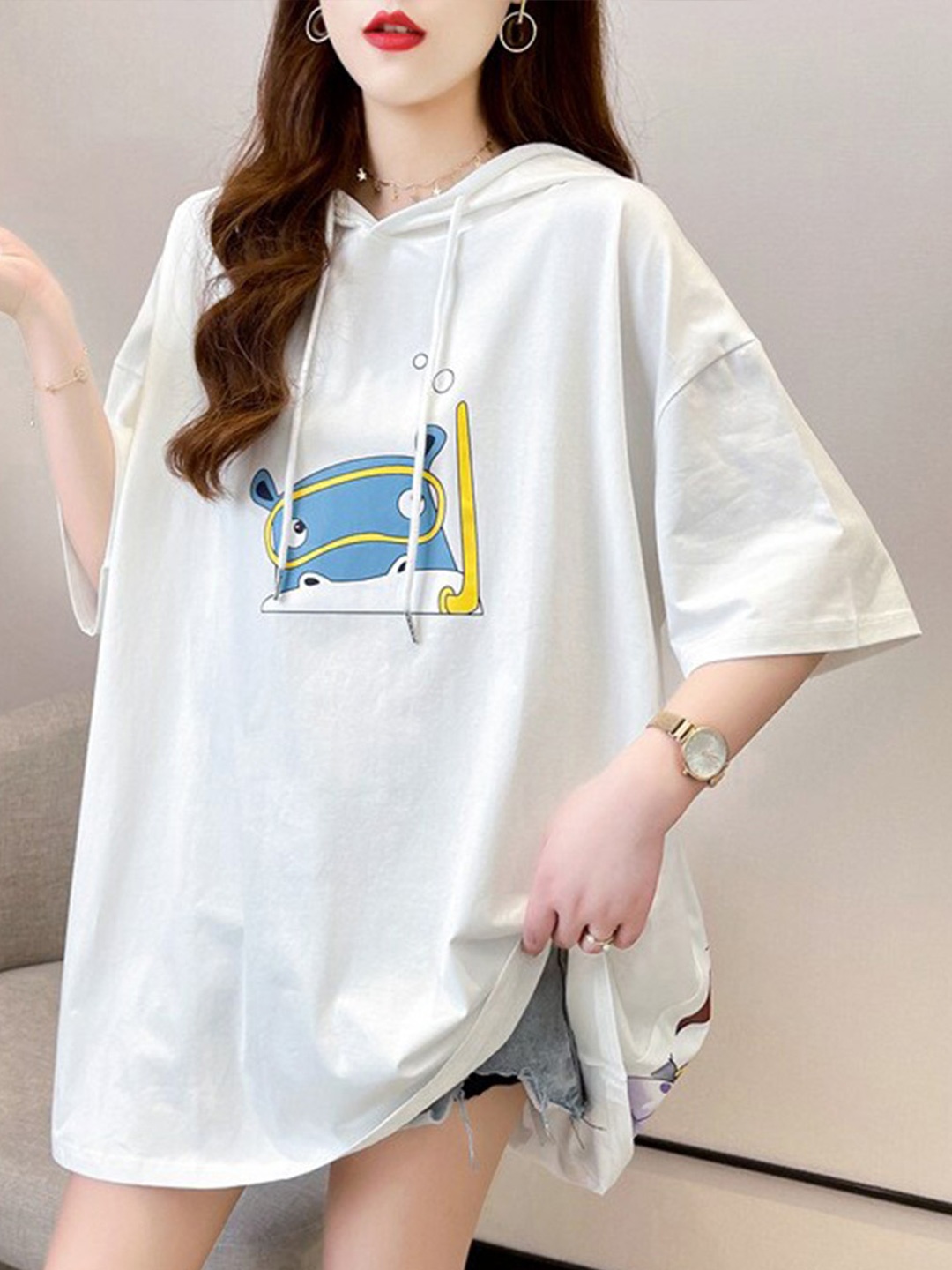 

BoStreet White & Blue Graphic Printed Hooded Longline Top