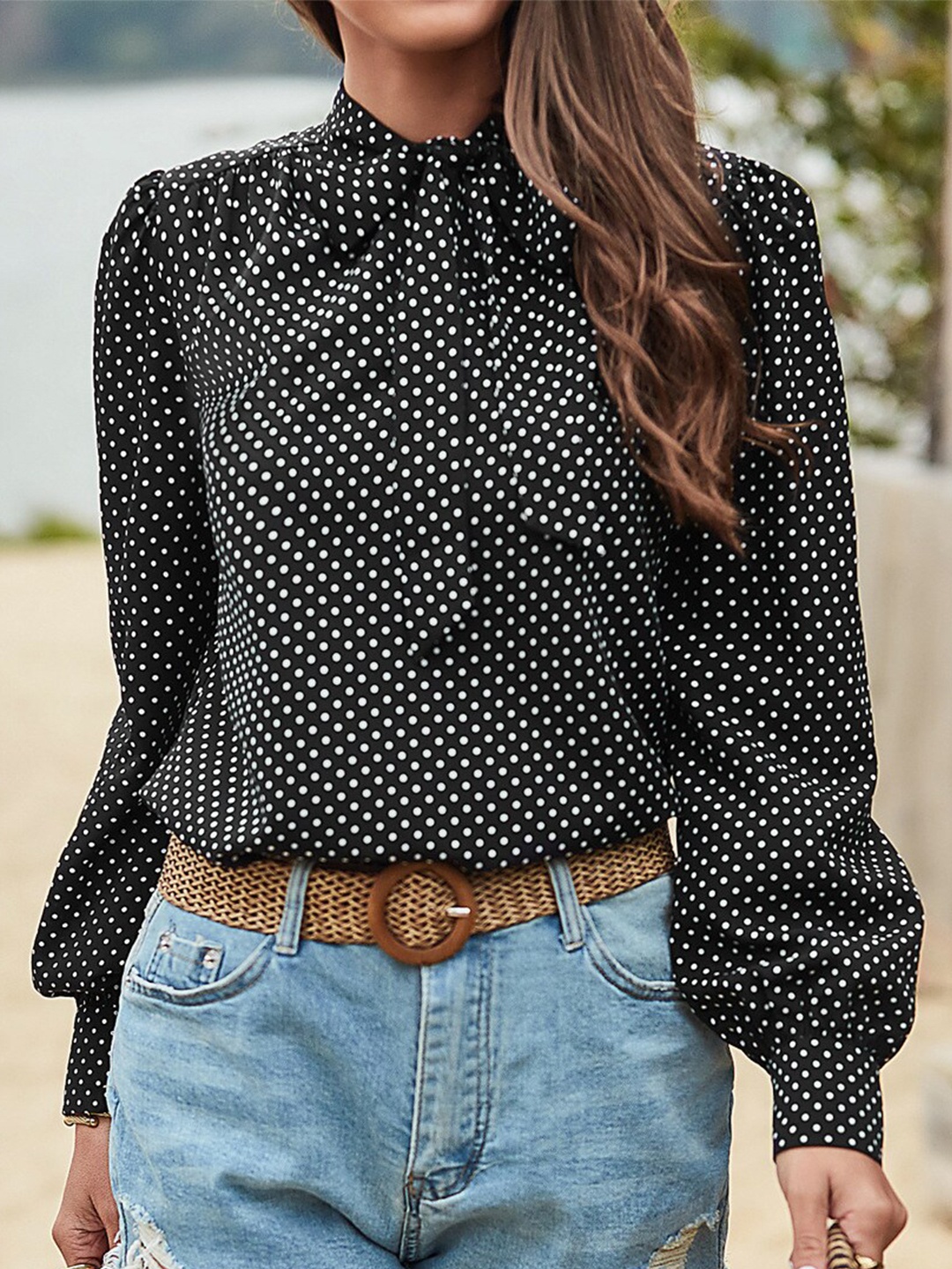 

BoStreet Black Geometric Print Tie-Up Neck Bishop Sleeves Shirt Style Top