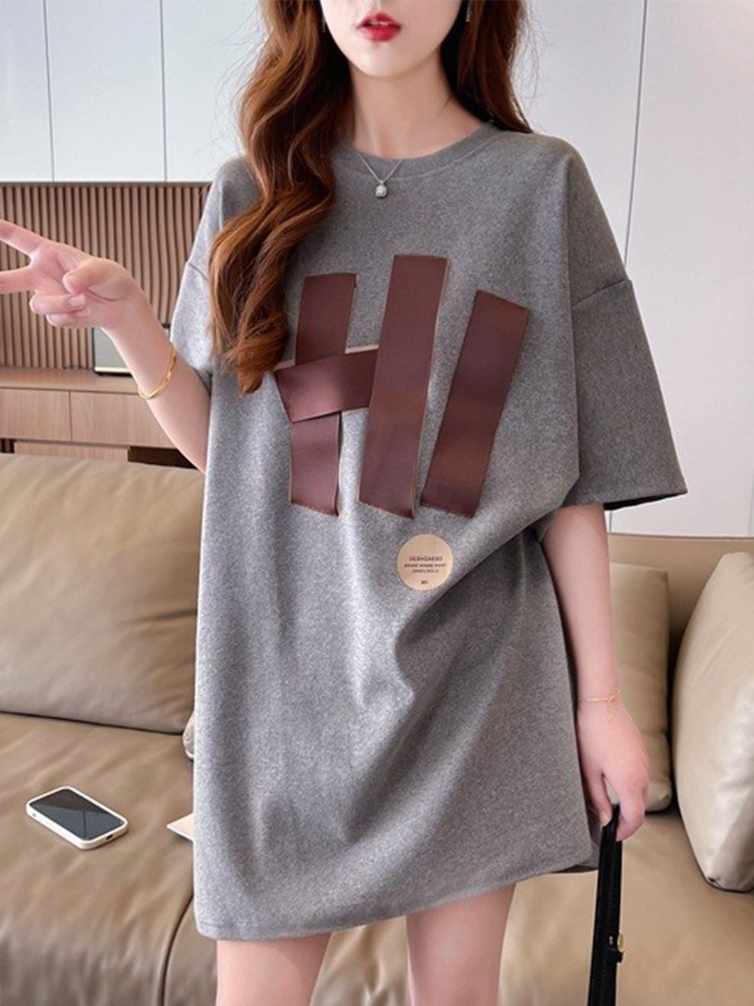 

BoStreet Grey Typography Printed Extended Sleeves Cotton T-Shirt Dress