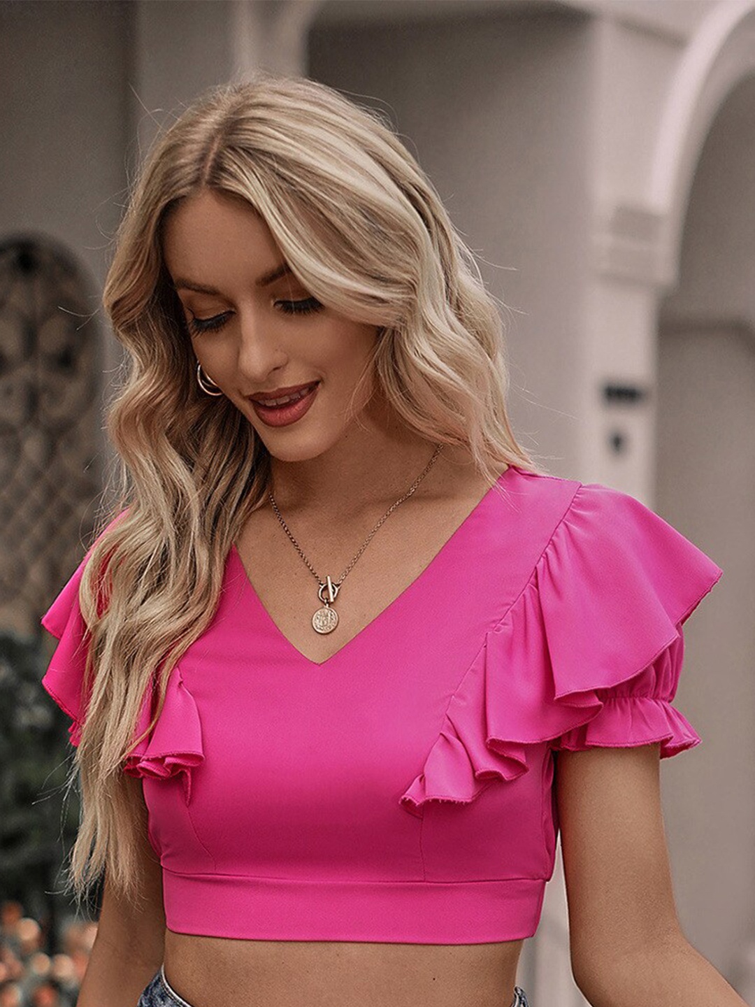 

BoStreet Pink V-Neck Puff Sleeves Ruffles Crop Top