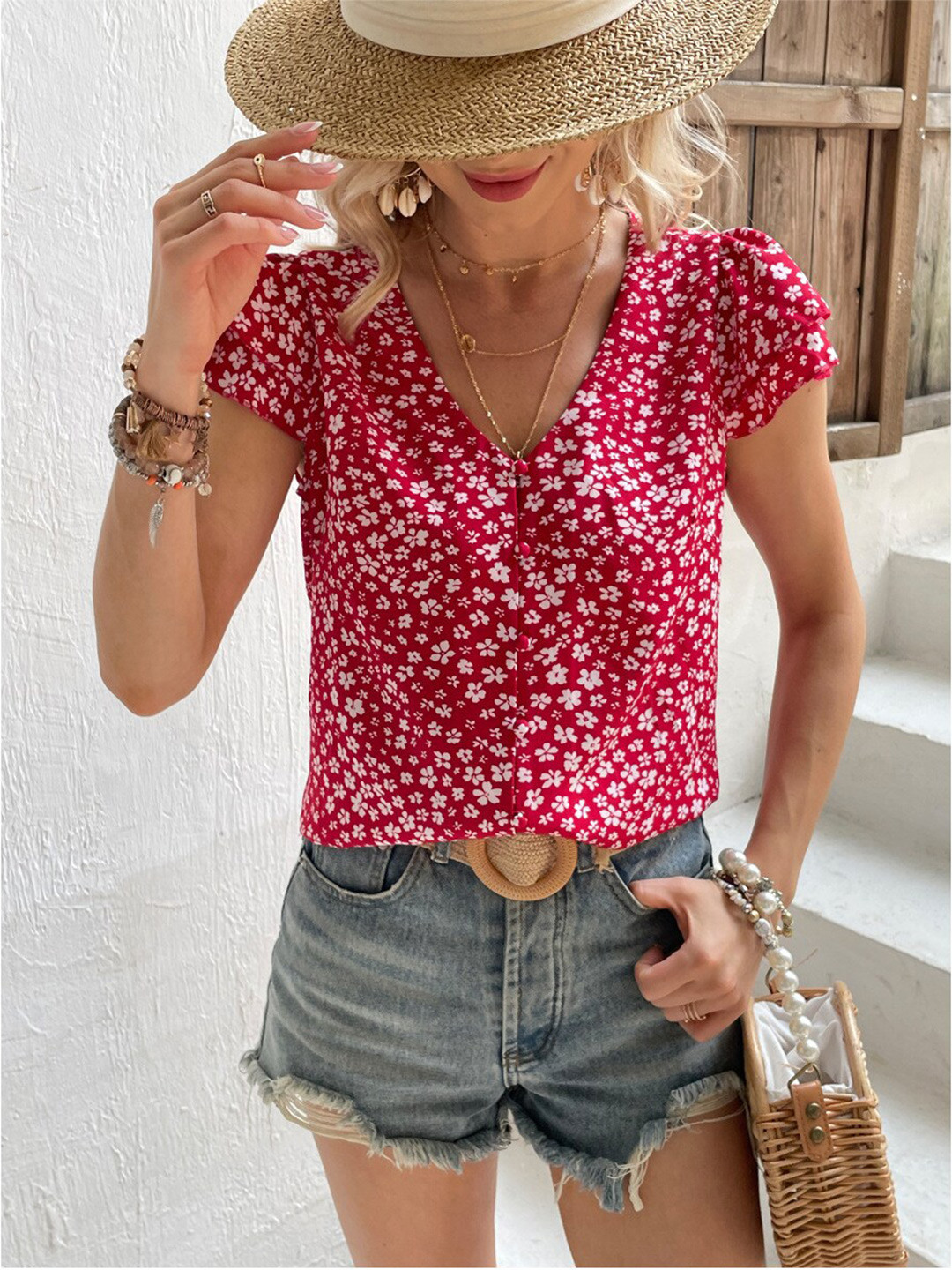 

BoStreet Red Floral Printed Puff Sleeves Shirt Style Top