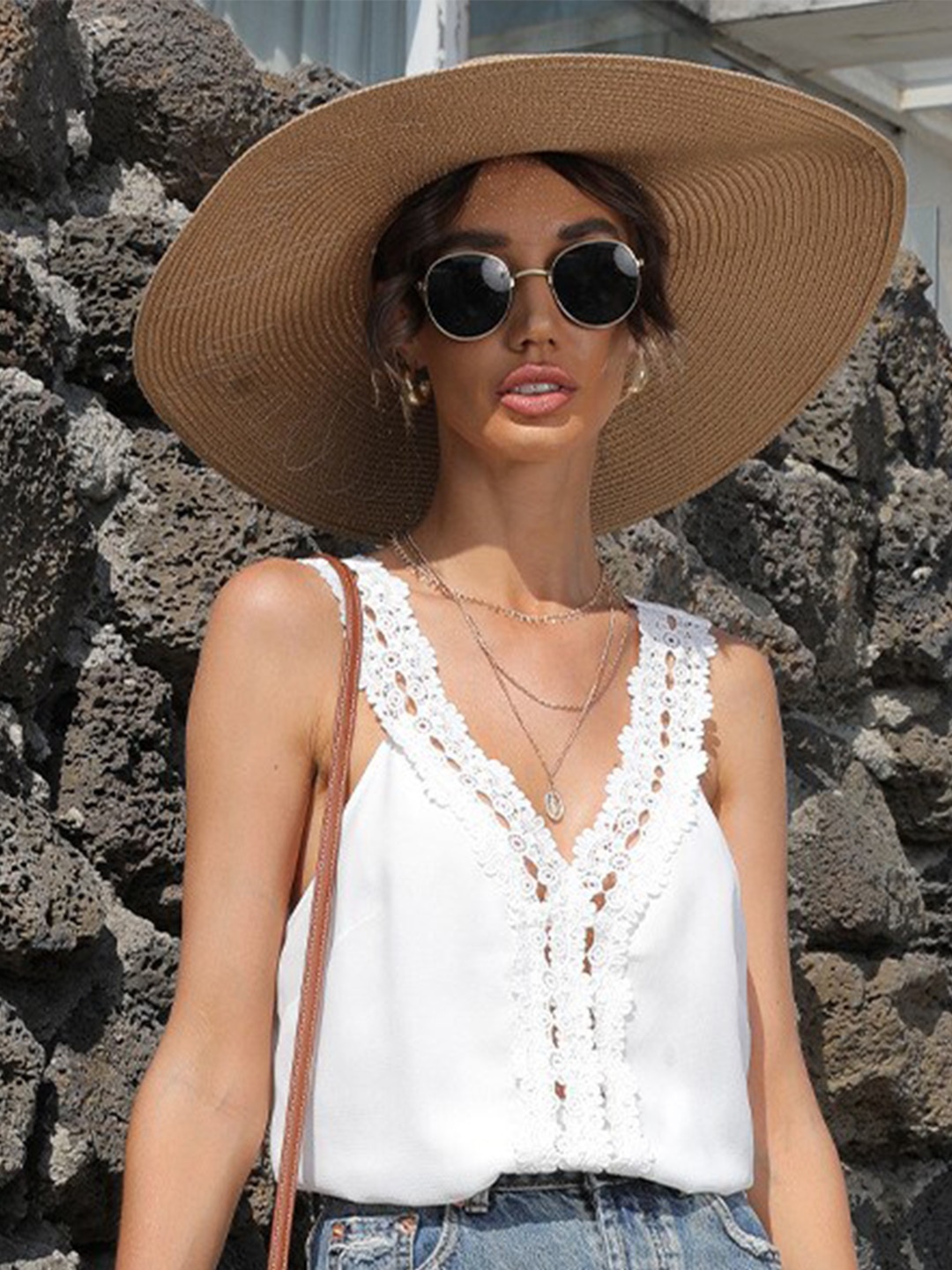 

BoStreet White Shoulder Straps Lace-Up Top
