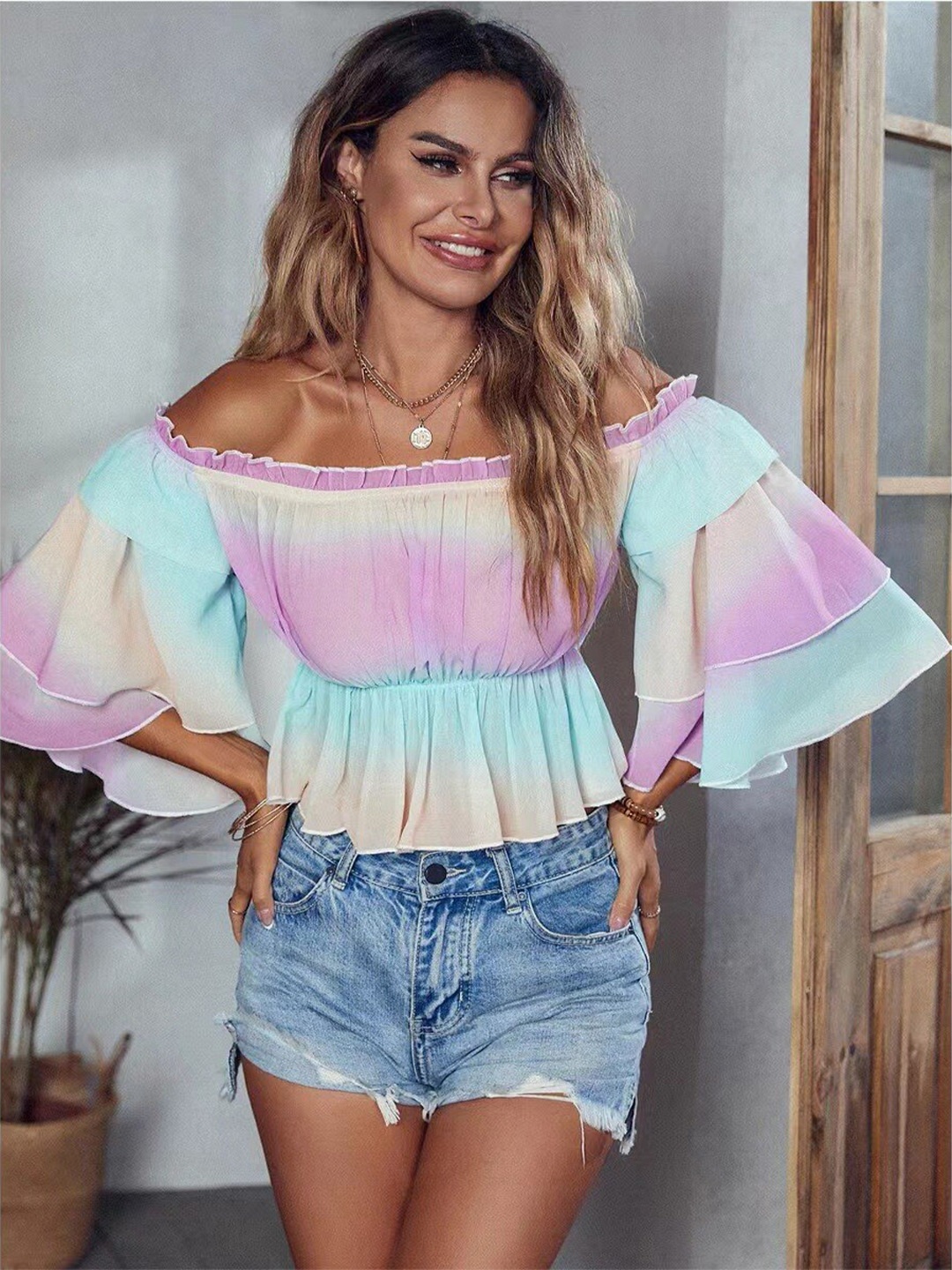 

BoStreet Pink & Blue Colourblocked Off-Shoulder Flared Sleeve Bardot Top