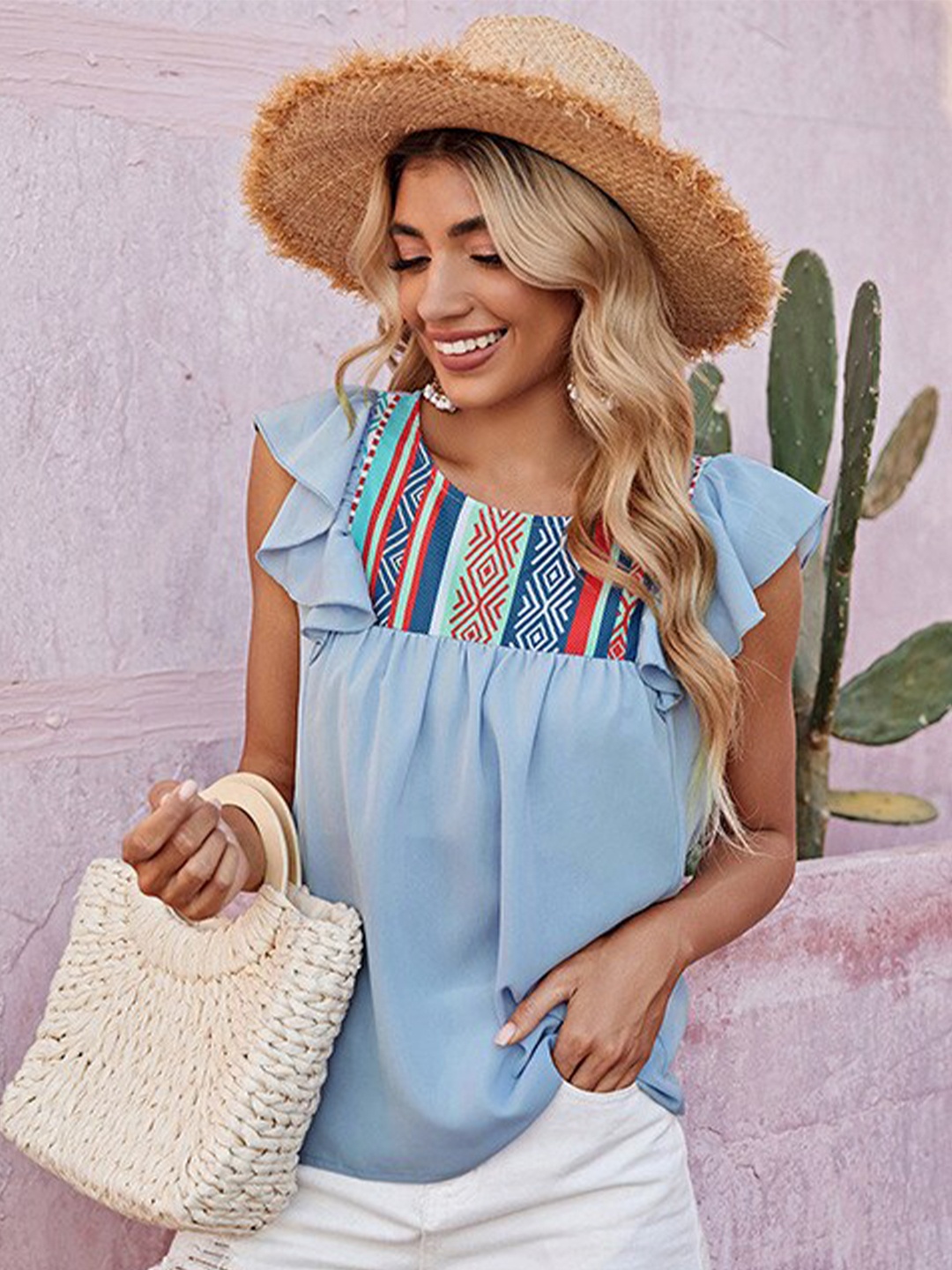 

BoStreet Blue Geometric Printed Flutter Sleeves Top