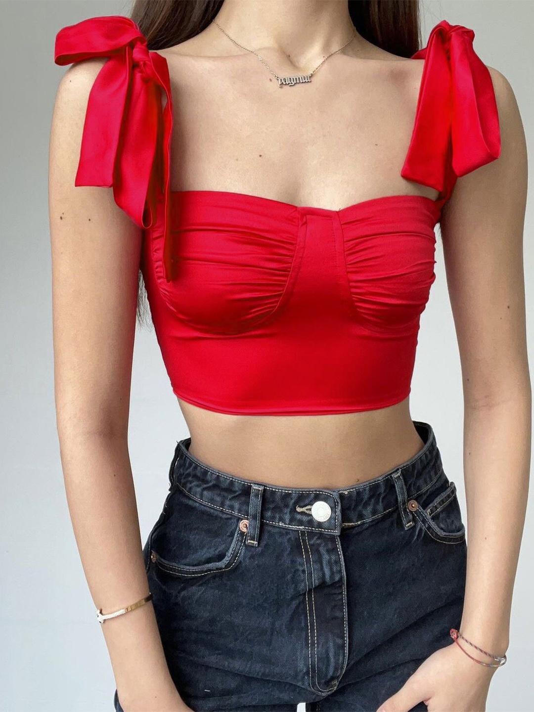 

BoStreet Red Sweetheart Neck Tie Ups Detail Bralette Crop Top