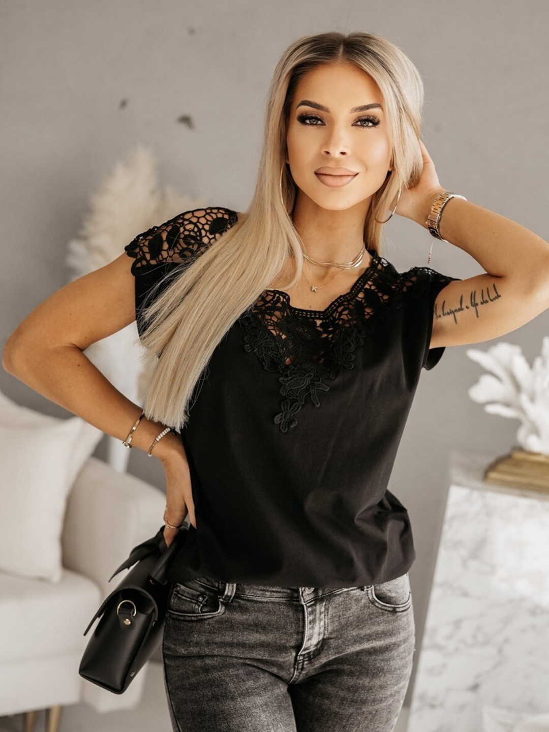 

BoStreet Black Self Design Extended Sleeves Top