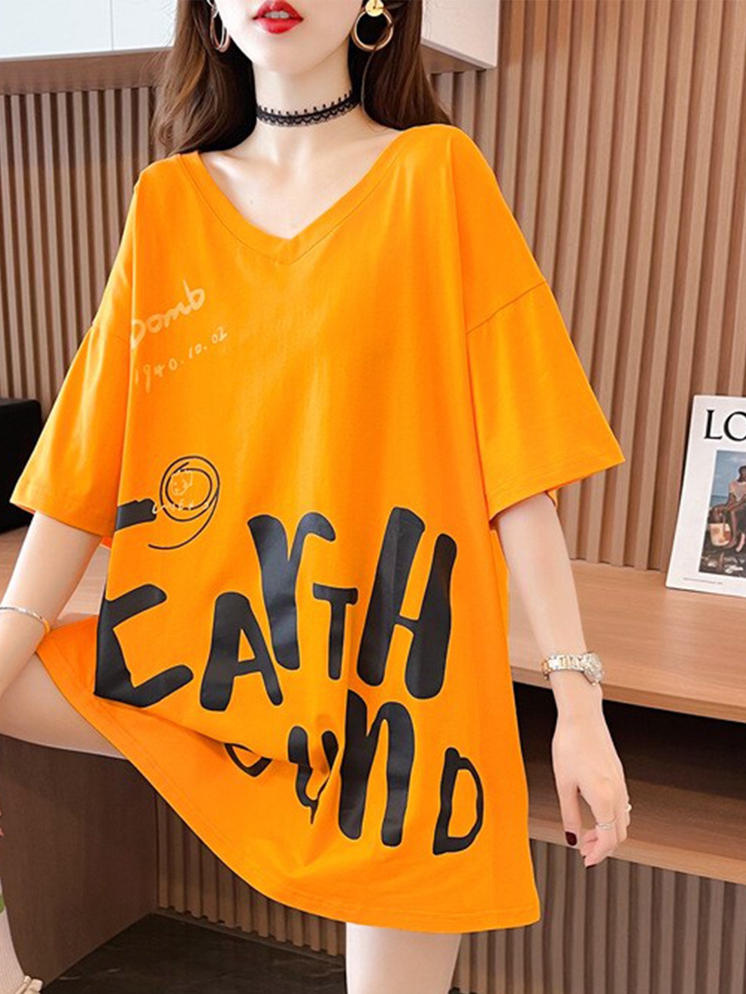 

BoStreet Orange Typography Printed Oversized Longline Top