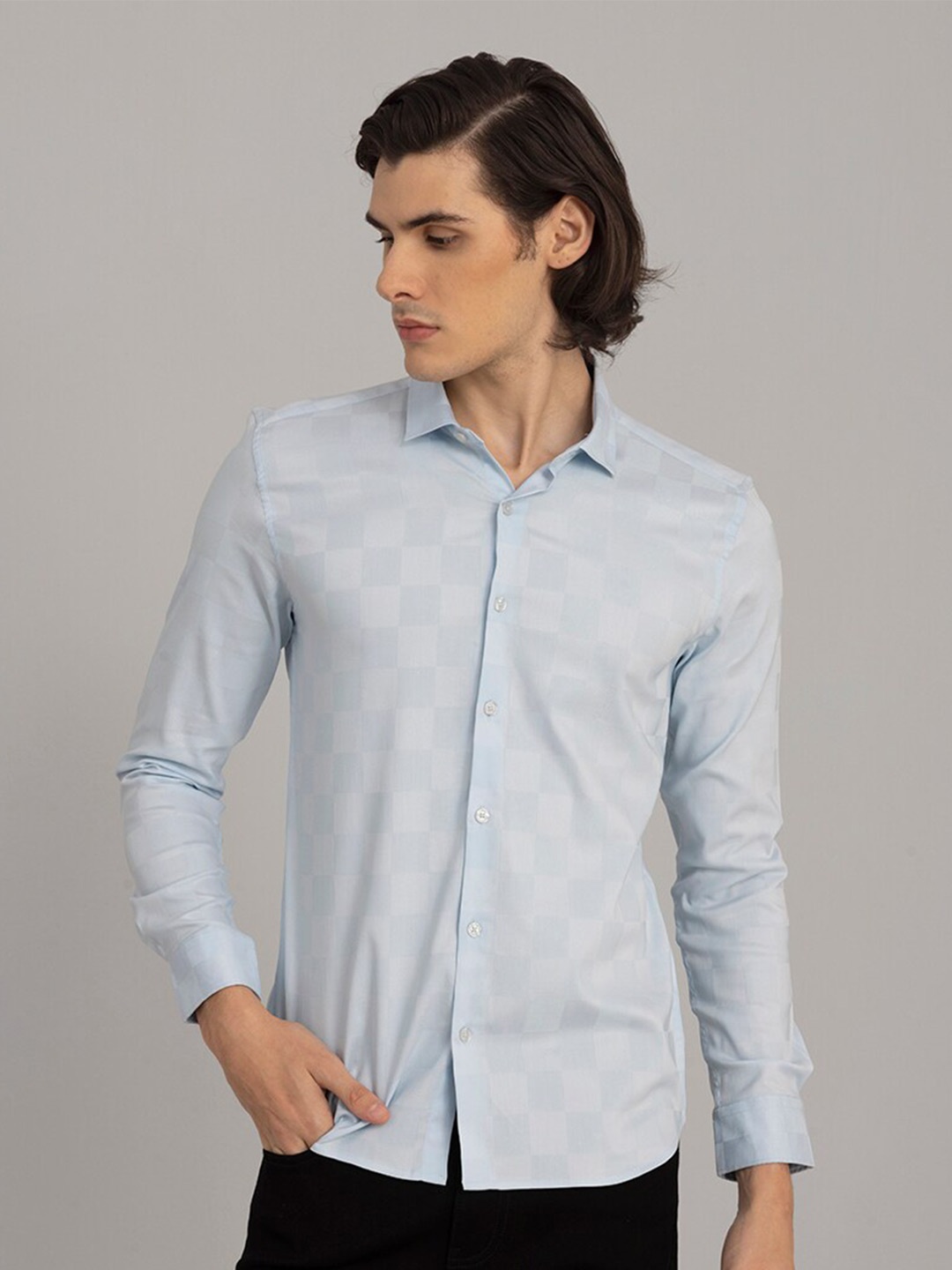 

Snitch Blue Classic Slim Fit Opaque Checked Cotton Casual Shirt