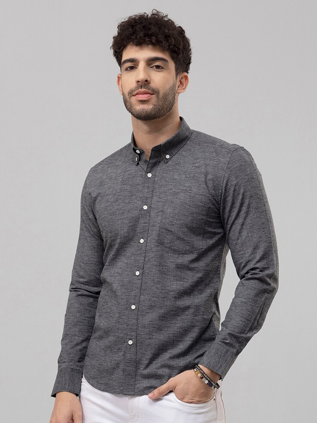 

Snitch Grey Classic Slim Fit Button-Down Collar Linen Casual Shirt, Black
