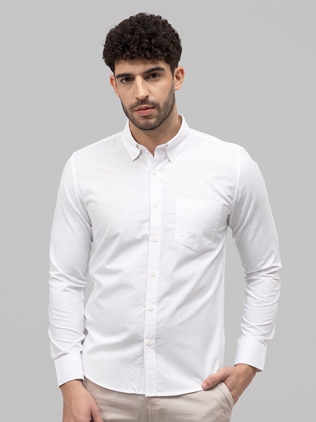 

Snitch White Button-Down Collar Classic Slim Fit Linen Casual Shirt